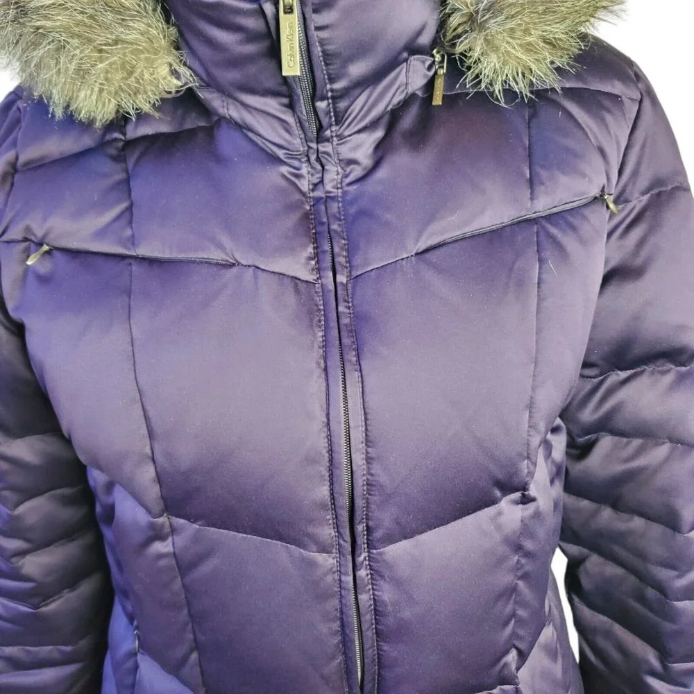Calvin Klein Womens Down Puffer Coat L Purple Gray Faux Fur Trim Removable Hood - Picture 9 of 16